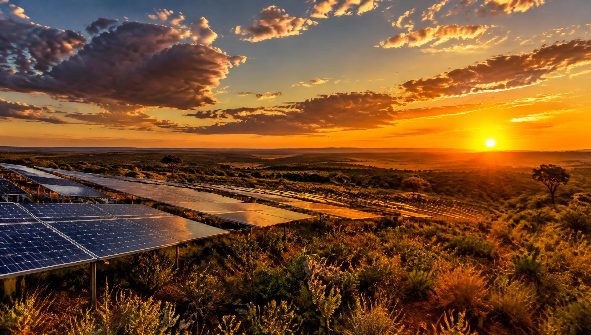 Campo com painéis solares ao pôr do sol