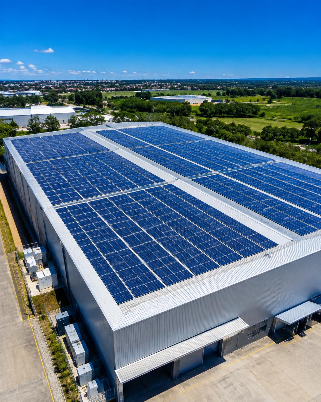 Telhado de galpão comercial coberto de painéis solares em vista aérea