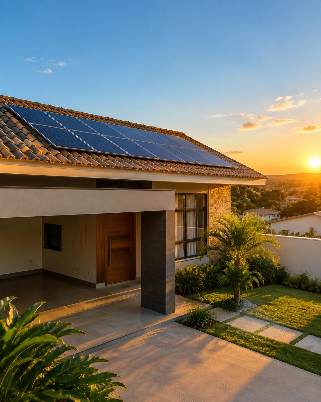 Casa moderna com painéis solares no telhado ao fim da tarde