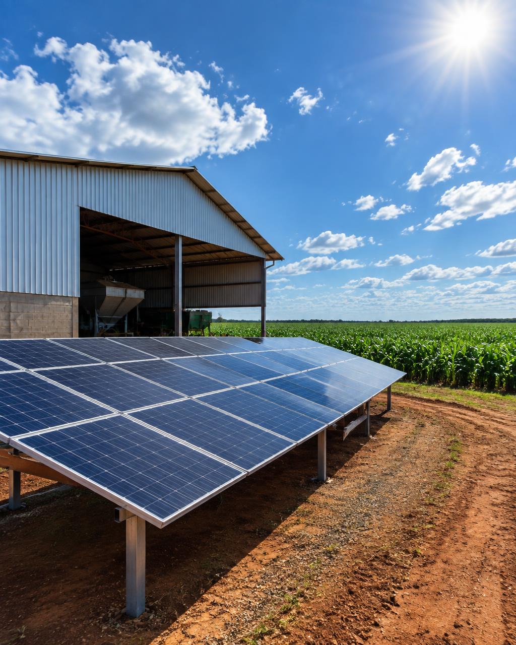 Painéis solares ao lado de galpão agrícola com plantação ao fundo