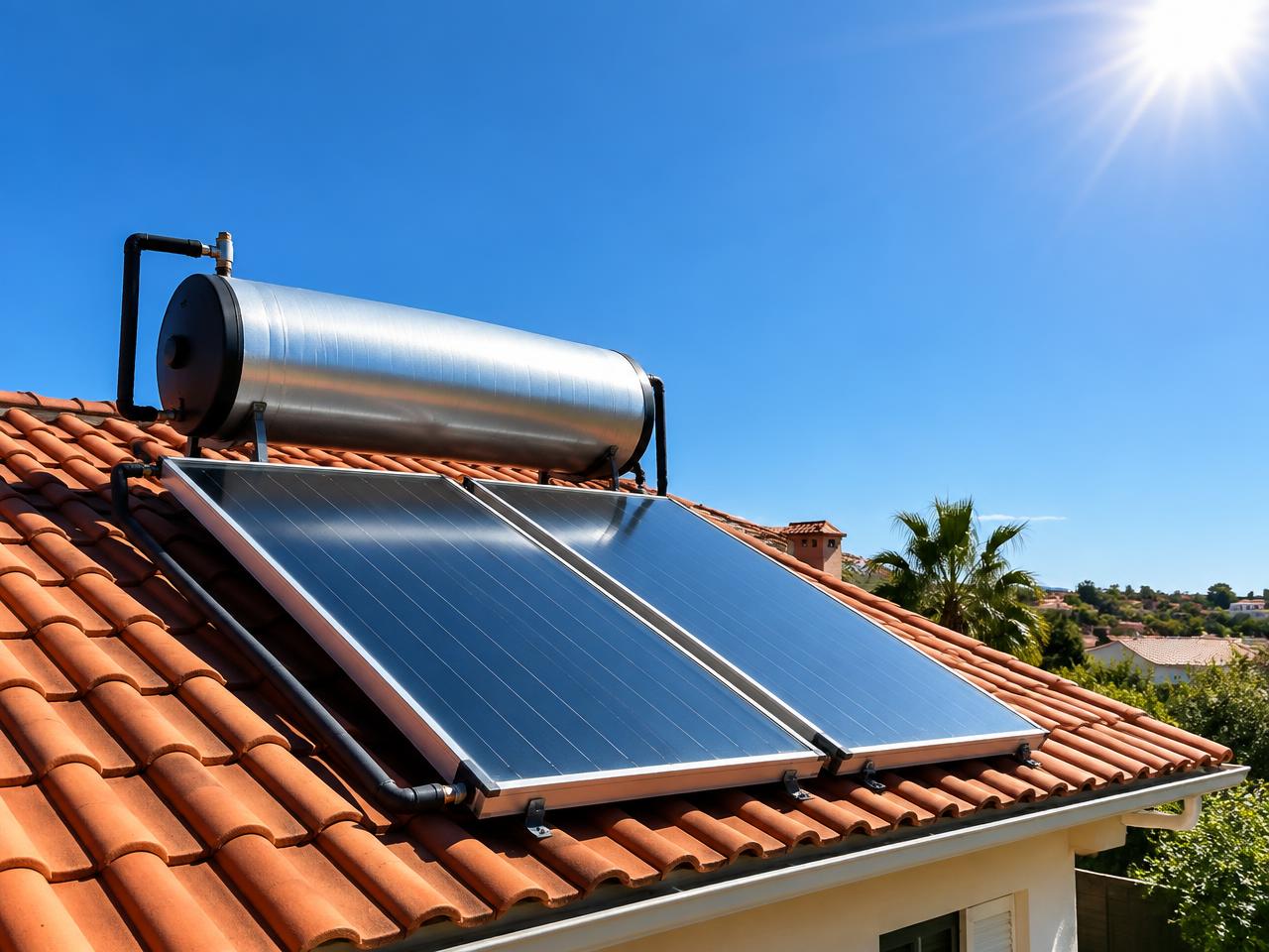 Aquecedor solar com boiler e coletores em telhado