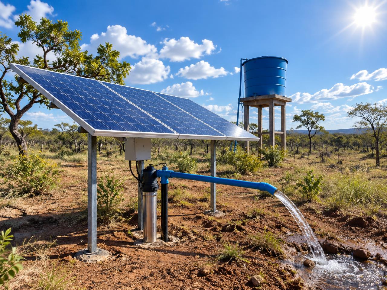Bomba d'água movida a energia solar no campo
