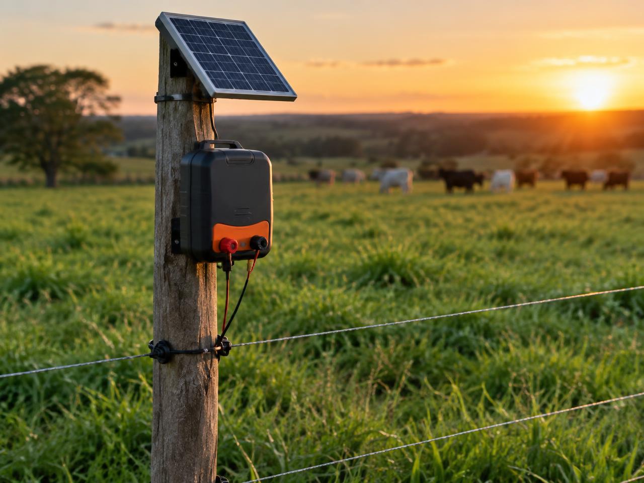 Eletrificador de cerca rural com painel solar em pasto