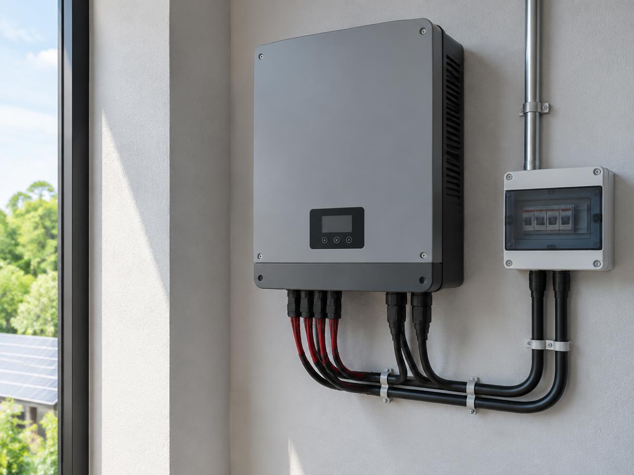 Inversor solar instalado em parede técnica com cabeamento organizado