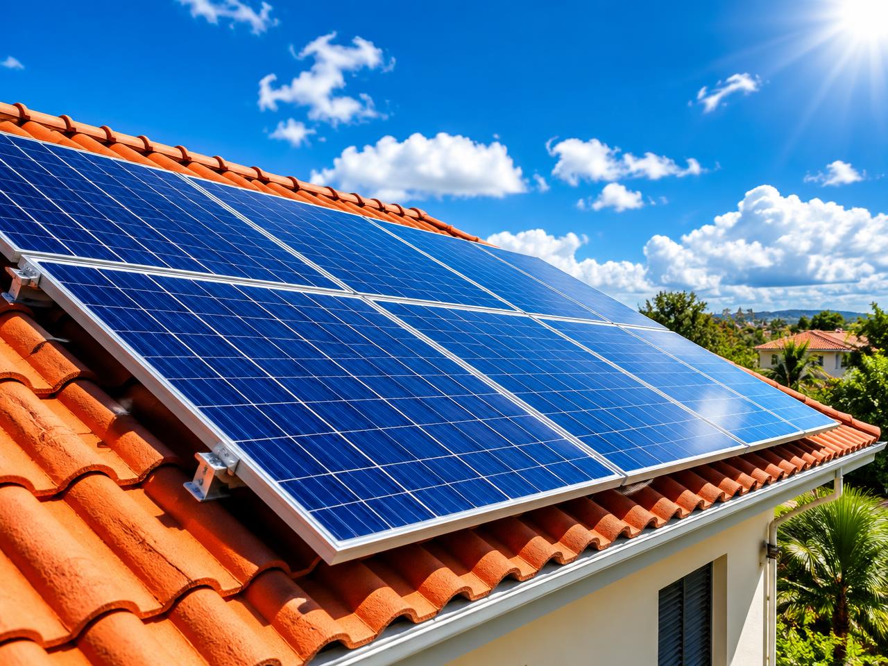 Painéis solares instalados em telhado sob céu azul